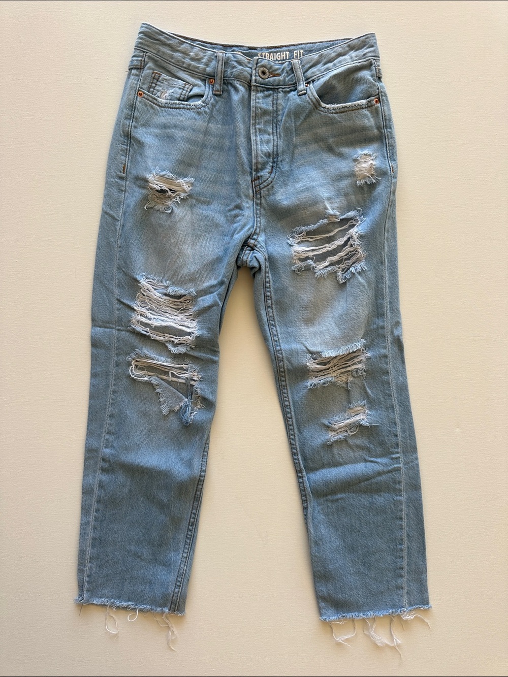 Light Blue Straight-Leg High-rise Distressed Jeans